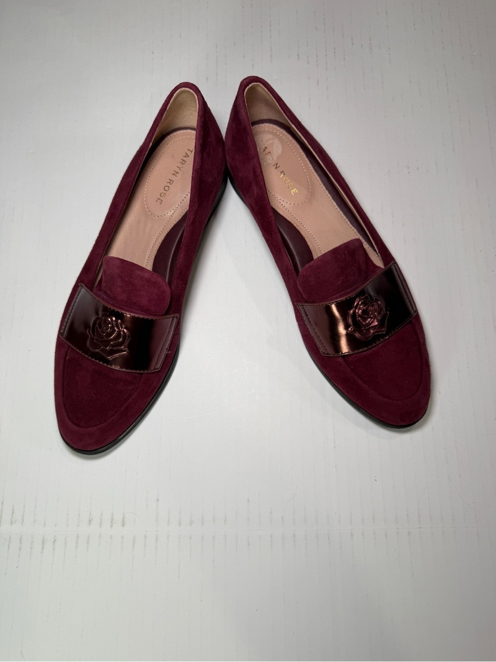 Taryn Rose Burgundy Suede Loafers with Rose-Metal Accent